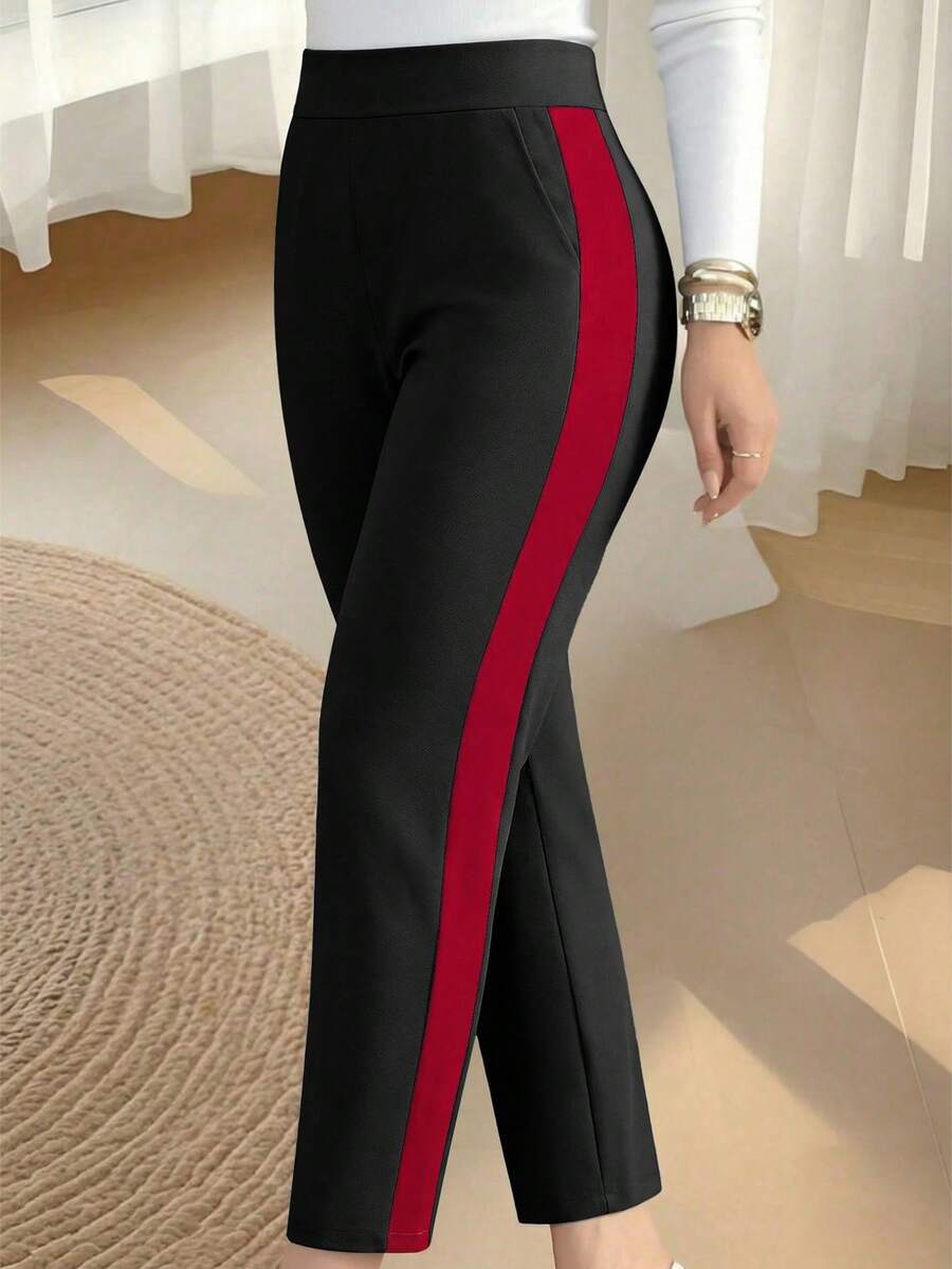Plus Size Women's Casual Contrast Color Pants, Versatile For All Seasons - Black - View 1