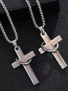 1件极简主义不锈钢嘻哈时尚字母十字圆环/冥想哨吊坠项链，男士朋克项链 - 銀色 - 查看 2