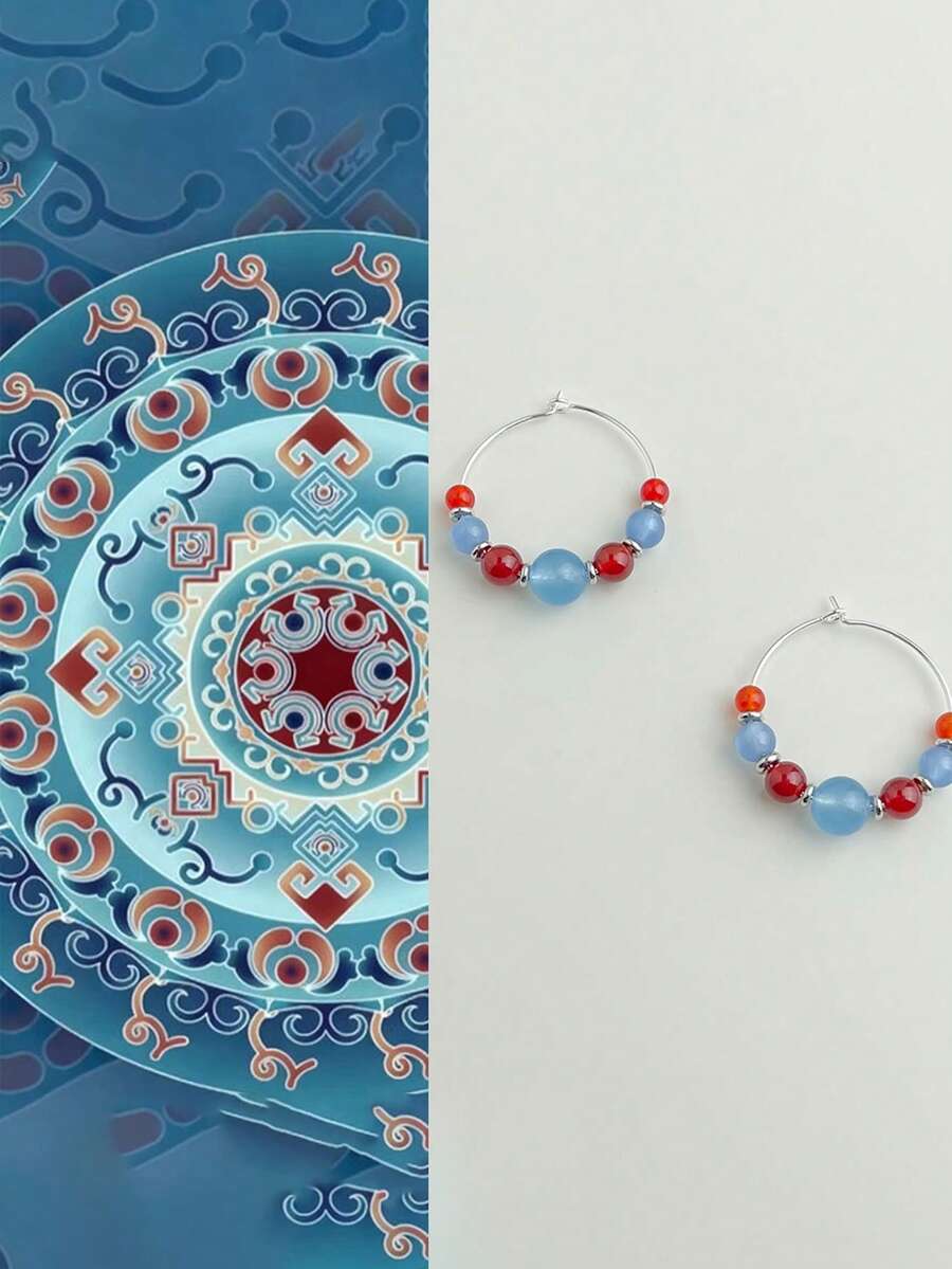 1 Đôi bông tai vòng đính hạt phong cách Boho - Đá quý đỏ xanh, trang sức cổ điển đeo hàng ngày, phụ kiện dự tiệc, quà tặng cho phụ nữ - Nhiều màu - Xem 1