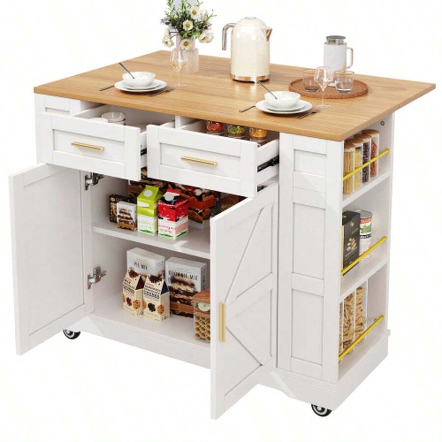 Isla de cocina moderna, mueble de cocina, aparador, carrito de comedor con vetas de madera, mueble buffet, mesa de comedor multifuncional con espacio de almacenamiento, carrito de comedor con armarios extensibles, color blanco - Blanco - Ver 1