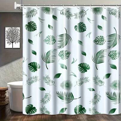 1pc Green Leaf Shower Curtain [PEVA Material], Easy To Clean, All-Season Bathroom Decor, Home, With Grommets Top, Suitable For Bathroom, Privacy Screen, Quick Drying And Washable, Blackout, Multiple Sizes Available