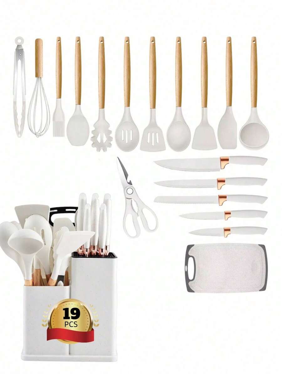 Utensillos Cocina Sets de cuchillos 19 espatulas Brochas De Silicona cuchillos Para Cocina Antiadherente Pastelera Manejar reposteria juego para cocinar con mango de madera Para Cocinar Mezclar y Hornear Herramientas cucharón de sopa, resistente al calor para la cocina del hogar mueble cuchillo cuchara rosa cucharas espatula - Beis - Ver 1
