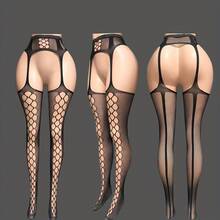 8pcs Fishnet Garter Belt Thigh-High Stockings, Over-Knee Tights - 黑色 - 查看 6