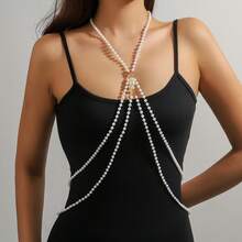 1pc Handcrafted Elegant White Faux Pearl Necklace Body Chain, Suitable For Women's Daily Wear, Wedding, Gala, Carnival, Party, Christmas Gift, Body Jewelry - White - View 5