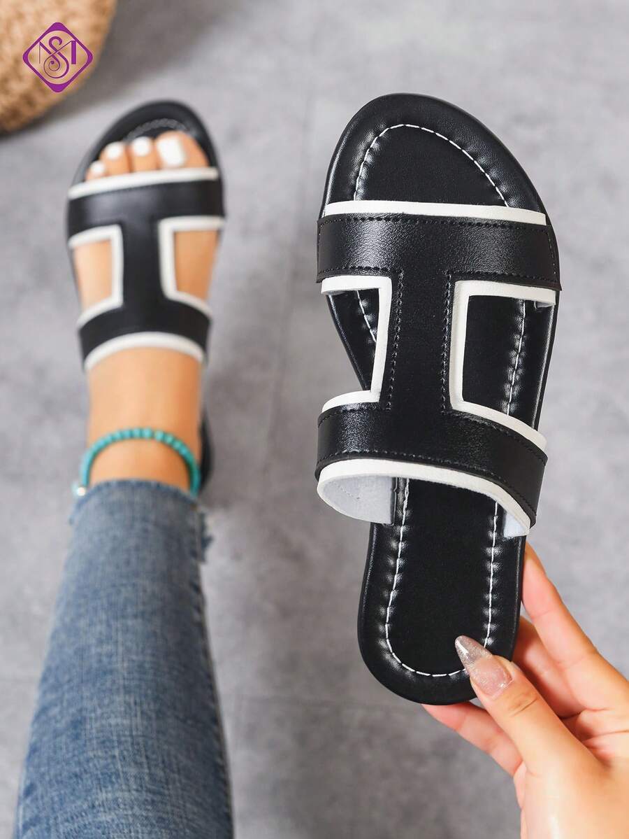 女士真皮T字带宽楦平底凉鞋，软底舒适休闲沙滩凉鞋 - 黑色 - 查看 1