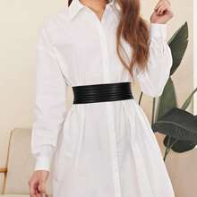 1件女士松紧腰阔腿连衣裙，配复古时尚腰带，服装配饰 - 黑色 - 查看 2