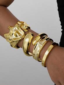 4pcs Fashionable Geometric Pleated Wide Acrylic Bangle Bracelets Set, Versatile Daily Wear For Women - Gold - View 6
