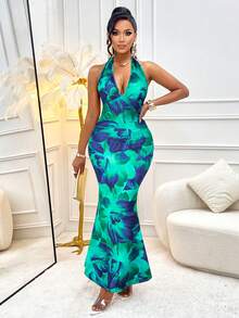 AIJ Đầm ren quấn họa tiết sóng gợi cảm dành cho nữ, cổ chữ V sâu và eo xếp ly, thích hợp cho kỳ nghỉ và hẹn hò (mẫu hoa ngẫu nhiên) thanh lịch mùa hè - màu xanh mòng két - Xem 4