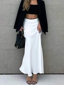 Women's Elegant Casual Color Block High Waist Maxi Skirt, Suitable For Dates White Spring - White - View 3