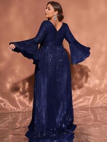 Plus Size Women Navy Blue Sequin Deep V-Neck Flare Sleeve A-Line Maxi Party Evening Dress - Navy Blue - View 6