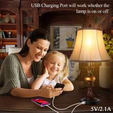 Touch Control Traditional Table Lamp Set Of 2, Vintage Bedside Lamps With Dual USB Charging Ports, 3-Way Dimmable Bronze Finish Desk Lamps With Bell Shape Faux Silk Shade,Room Decor Valentine's Day,Lights For Room - 查看 3