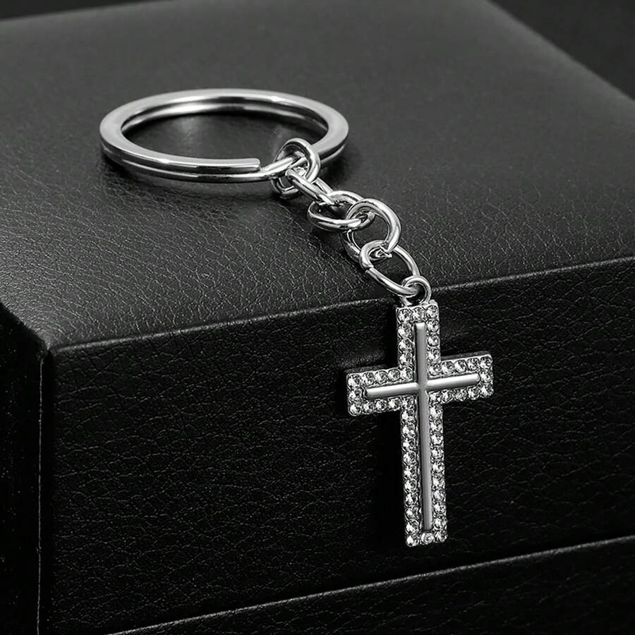 1pc Women's Personalized Alloy Rhinestone Cross Keychain, New Minimalist Cross Keychain Pendant, Creative Gold-Plated Hanging Ornament, Fashion Bag Keychain, Gift For Mother - Multicolor New - View 1