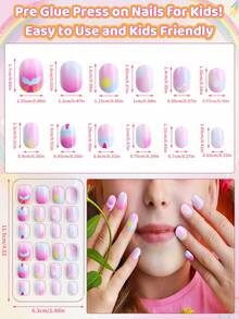 144 piezas Juego de Salón de Uñas para Niños, con uñas postizas de dibujos animados de colores tipo macaron, pegatinas de uñas pre-adhesivas y pegatinas de uñas con degradado lindo. Perfecto para manualidades de arte de uñas, fiestas en casa y regalos de cumpleaños para niñas.