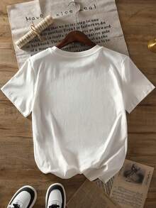 Cartoon Bow Print Round Neck T-Shirt, Casual Soft Top For Spring/Summer - White - View 3