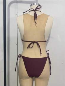 Women's New Solid Color Sexy Beaded Knot Tie-Back Bikini Set, Perfect For Beach Vacations Summer - Purple - View 3