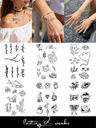 6 PCS Herbal Juice Semi-Permanent Magic Tattoo Stickers - Minimalist Tattoos, Cool And Flashy Temporary Tattoos. Thorny Skull, Cat, Cactus, Sea Creatures, Flowers, Ocean Life, Waves, Clock, Camera, Earth, Toast. "Chill Time" Text Elements And Patterns. Valentine's Day, Carnival Gifts. 7-14 Days Non-Degrading, Non-Reflective. Finger, Wrist, Shoulder, Neck, Clavicle, Body. Semi-Permanent Tattoo, Waterproof, Non-Reflective Tattoo Stickers.