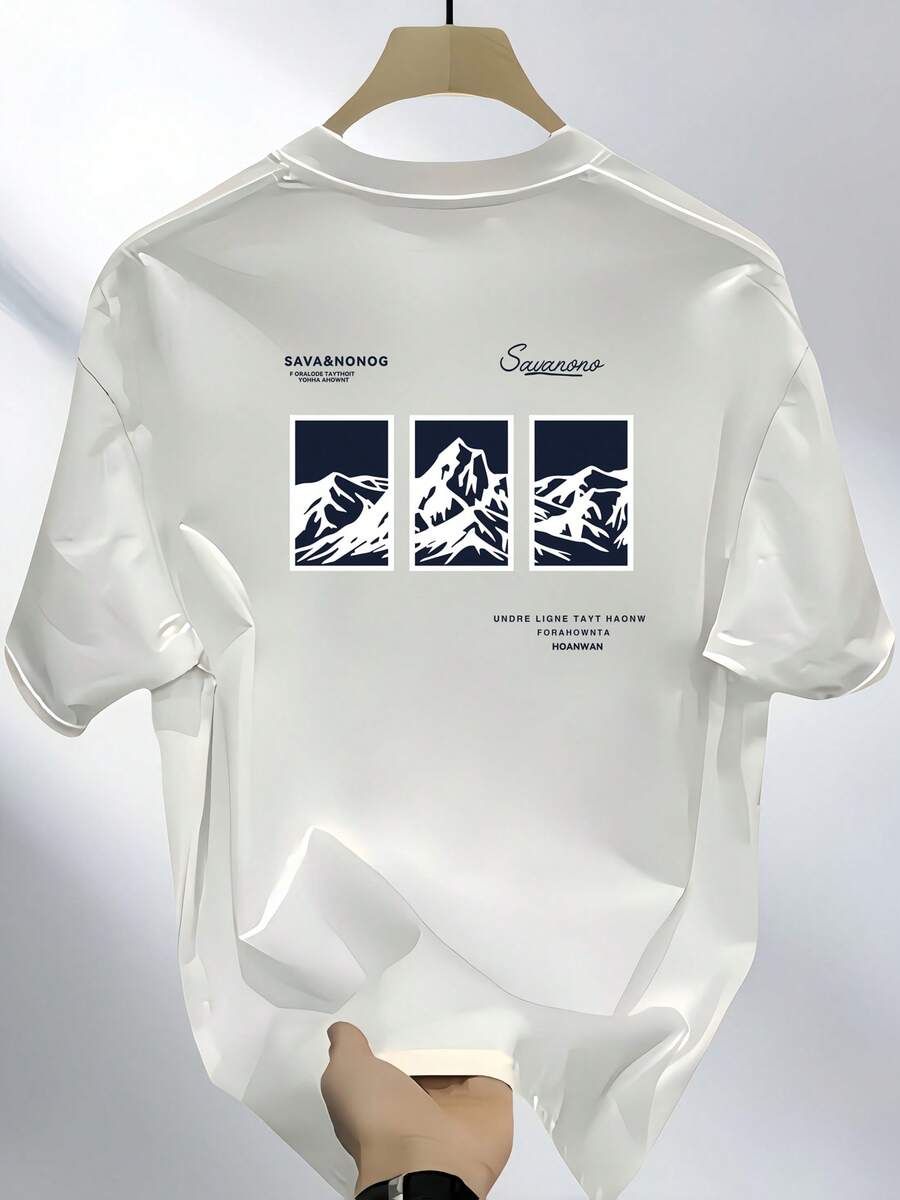 Men's Heavyweight 100% Cotton Vintage Mountain Graphic T-Shirt - Oversized Black Tee With White Retro Ski Resort Lettering & 1980s-90s Snowy Mountain Design, Loose Fit Casual Short Sleeve For Casual Attire, All-Season Comfort, Ideal Gift For Dad Valentine's Day - 白色 - 查看 1