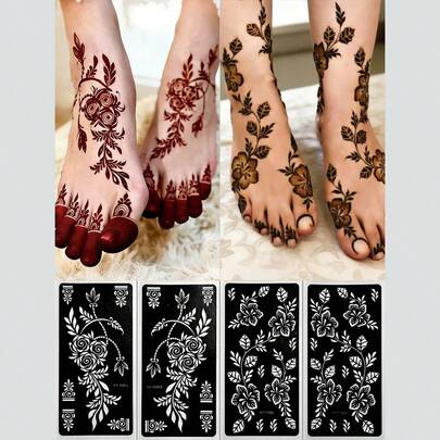 4 Sheets Floral Henna Tattoo Stencil Stickers For Foot And Hand, Color Painting Temporary Tattoo Template Glitter Painting Hollow Stickers For Body Art Mehndi Designs