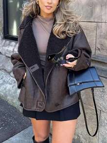 Veste de mode décontractée ample à col rabattu en fausse fourrure, chaude. Coupe oversize pour un look élégant, convient pour les trajets quotidiens et le streetwear en automne/hiver. Design vintage du col rabattu, polyvalent et facile à superposer pour un look confortable et . Idéal pour les sorties, les séances de shopping et plus encore. - Tabac - Voir 2
