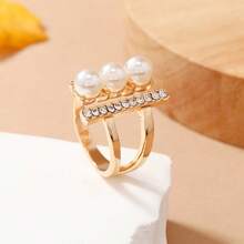 Faux Pearl & Rhinestone Decor Cuff Ring - Yellow Gold - View 5