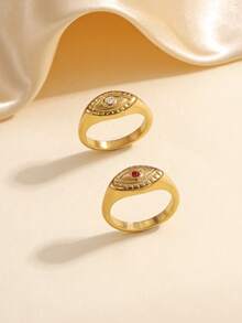 2pcs Stainless Steel Retro Gold-Color Ring Set, Eye Shaped Inlaid With White And Red Rhinestones, Suitable For General Public Everyday Wear Or Gift - Yellow Gold - View 4
