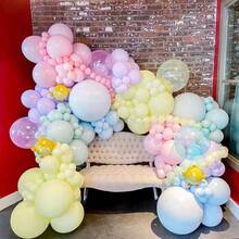 60个马卡龙色气球，12/10英寸，包含蓝色、紫色、绿色、黄色五彩纸屑，适用于彩虹糖果主题婚礼派对装饰、情人节、周年纪念日、单身派对、生日派对装饰、复活节、野餐或家庭聚会，是背景墙的理想选择。 - 彩色 - 查看 5