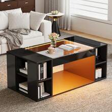 Living Room Table 100*50*40 Cm, Coffee Table With Hollow Center, Tea Table With Tempered Glass Top, High Brightness LED Living Room Side Table, Christmas Party Table, Black, MDF - Black - View 4