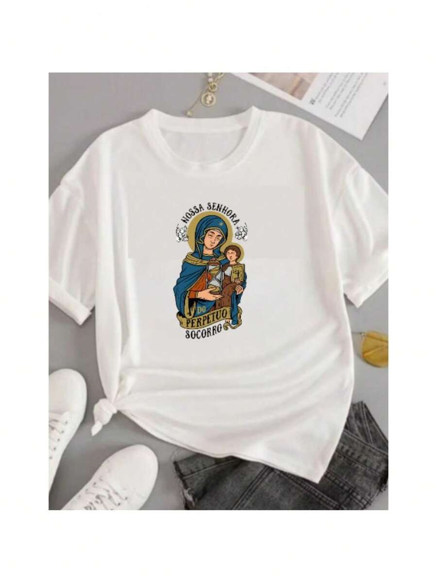 Basic Printed Cotton T-Shirt, Catholic, Our Lady Of Perpetual Help, Religious, Unisex - White - View 1