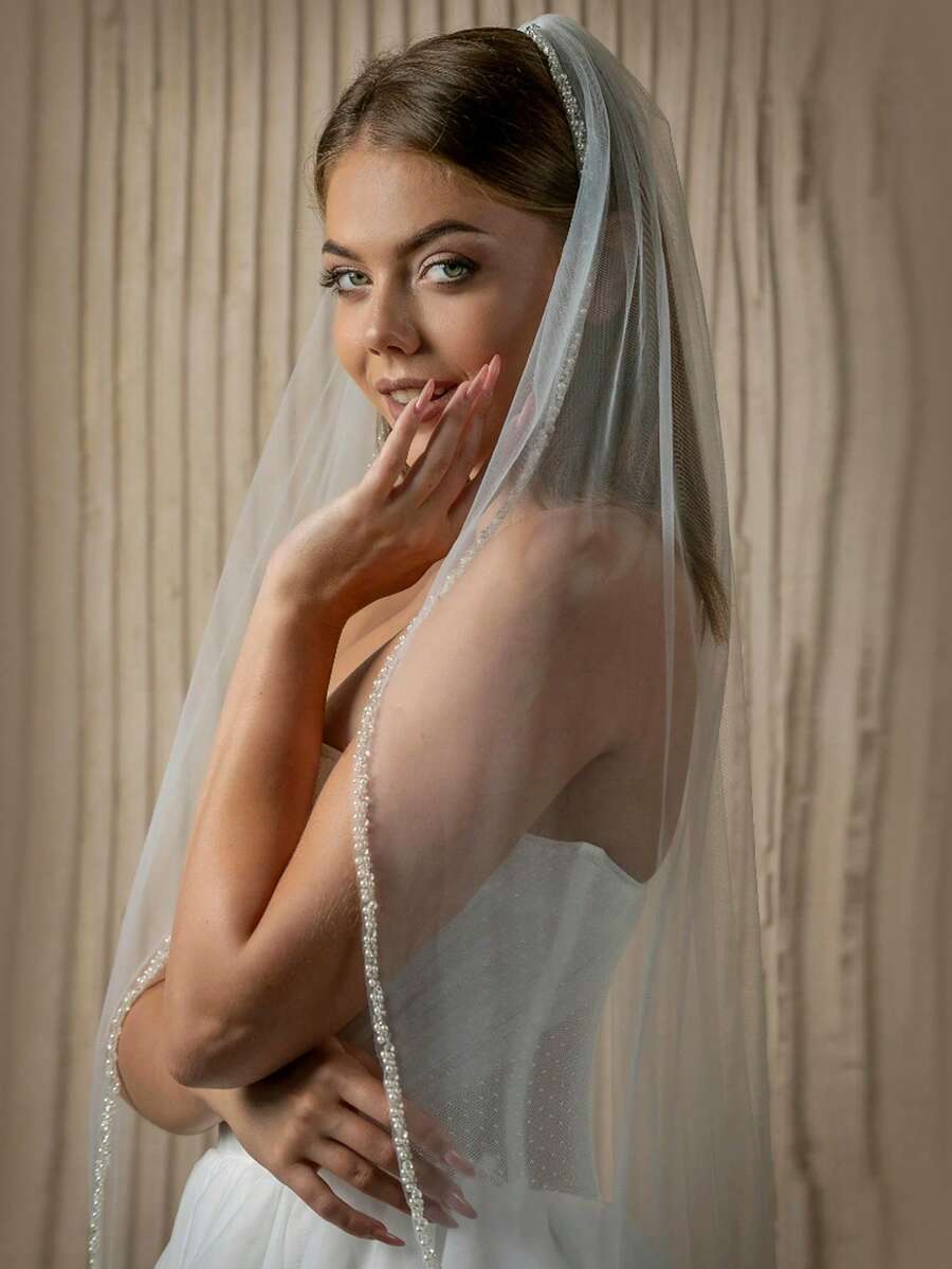 1pc Handmade Beaded & Sequin Bridal Veil, Suitable For Wedding Headpiece And Photography Accessory. Comes With Hair Comb. Also Fits Bachelorette Party And Women's Apparel Accessory, Crystal Beaded Veil