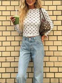 SHEIN x Luisa Sonza Women's Polka Dot Mesh Long Sleeve Tee, Fall Winter Slim Fit Casual Top - White - View 1