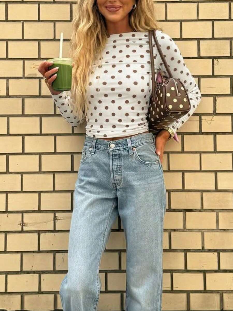 SHEIN x Luisa Sonza Women's Polka Dot Mesh Long Sleeve Tee, Fall Winter Slim Fit Casual Top - White - View 1