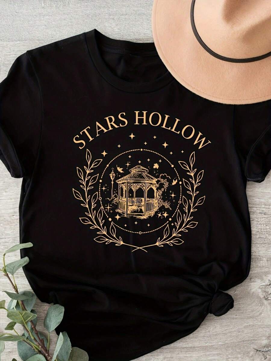 Star Hollow Letter Print Casual Sports T-Shirt, Round Neck Short - 黑色 - 查看 1