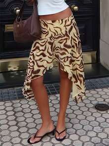 女士时尚，夏季，不对称下摆，及膝波西米亚风半身裙，波浪印花，优雅性感，适合海滩、度假、约会 - 黃色 - 查看 9