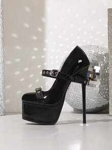 女士高跟时尚浅口鞋，圆头搭扣装饰，16厘米超高跟，夜店鞋，尺码35-42 - 黑色 - 查看 4