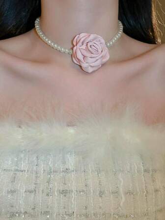 1pc Vintage Inspired Satin Camellia Flower Necklace, Delicate & Chic Design