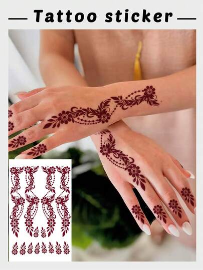 一套时尚海娜纹身贴纸，复古花卉链图腾图案，精美花卉纹样，适用于手部和手臂，防水持久，适合斋月和情人节使用。