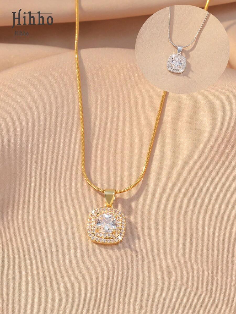 Hihho 1 chiếc dây chuyền mặt dây hình vuông hai lớp, phong cách tối giản sang trọng với chất lượng cao cấp và vẻ thanh lịch tinh tế. Chi tiết dây xích hình vuông kiểu xương rắn thể hiện bản chất "đơn giản và hào phóng" của phong cách tối giản sang trọng, phù hợp cho công sở, các sự kiện buổi tối nhẹ nhàng và nhiều dịp khác. - Mặt dây chuyền hình vuông - Xem 1