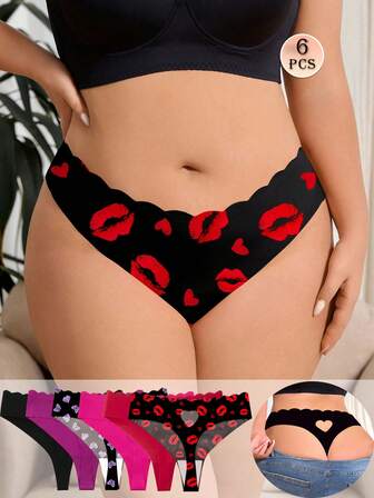 6 ชิ้น ผู้หญิงพลัสไซส์ เซ็กซี่ น่ารัก กลวงออก Love Shape จีสตริงเซ็กซี่, กางเกงชั้นในยืดสีชมพู, ชุดชั้นในและกางเกงในสตรี