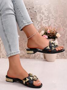 2026 Fashion Comfortable Lightweight Wide Strap Gold Trapezoid Decor Faux Leather Toe Cap Gold Rhinestone Decor Heel Inlaid Women High Heel Sandals - Black - View 2