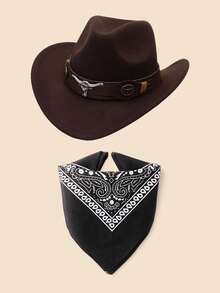 2 Pcs Kids Western Cowboy Costume Set – Classic Rolled Brim Felt Cowboy Hat & Paisley Bandana For Boys Girls (Ages 3-12) - (Cow Head) + Black Square Scarf - View 11