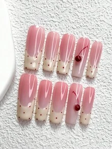 10pcs Simple & Cute Manicure Set, Polka Dot Nail Art Decorations, Nude Pink Base Color Press-On Nail Stickers, Adorable Cherry Nail Jewelry, Soft Yellow Gel Nail Stickers, 3 Sizes: Almond, Duck Mouth, Coffin Shapes, Includes Tool Kit (1 Jelly Sticker + 1 Nail File), Suitable For Women & Girls, Suitable For Outings, Photos, Dates, Parties, Daily Wear Nails Nail Supplies Handmade Press On Nails - 彩色 - 查看 12