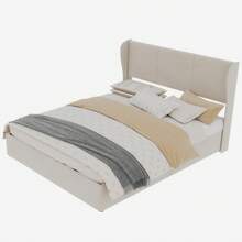 Modern And Minimalist Upholstered Bed, 160x200 Cm, Beige, Multifunctional Bedroom Furniture With Soft And Comfortable Headboard, High Storage Base With Gas Lift Mechanism, Mattress Not Included. - Beige + Fabric + Metal + Memory Foam - View 9