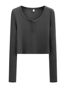 女士时尚长袖T恤，温柔优雅纽扣设计圆领修身短款上衣，秋季款 - 020深灰色 - 查看 4