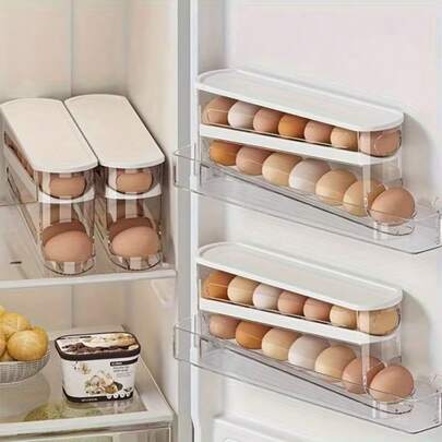 12-14 Eggs Automatic Double-Layer Sliding Egg Storage Box - Flip Cover Design Fresh Egg Organizer - Essential Kitchen Storage Solution And Refrigerator Space-Saving Egg Rack