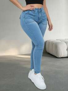 Women's Casual Slim-Fit Denim Jeans, Medium Stretch Fabric, Full Length, With Button And Zipper Pockets, Suitable For Spring And Summer - Blue - View 2