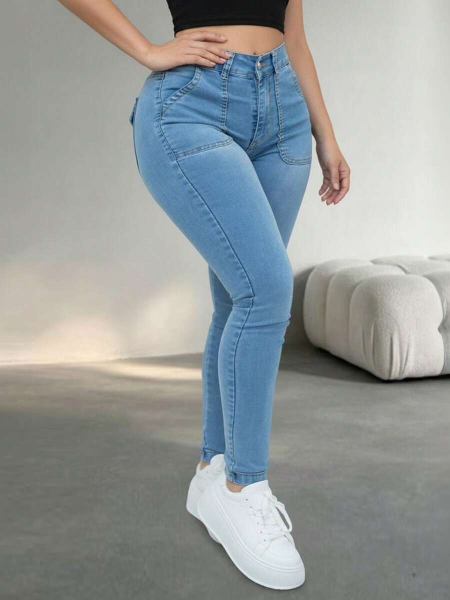 Women's Casual Slim-Fit Denim Jeans, Medium Stretch Fabric, Full Length, With Button And Zipper Pockets, Suitable For Spring And Summer