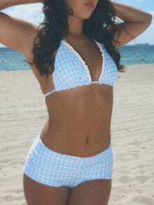 Y2K Women's 2 Piece Bikini Set -- Fashion Halter Neck Swimsuit With Shorts Summer Two Piece Bathing Suit - màu xanh da trời - Xem 4