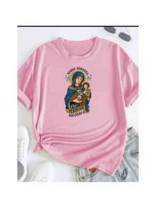 Basic Printed Cotton T-Shirt, Catholic, Our Lady Of Perpetual Help, Religious, Unisex - Rosa Pálido - Ver 1