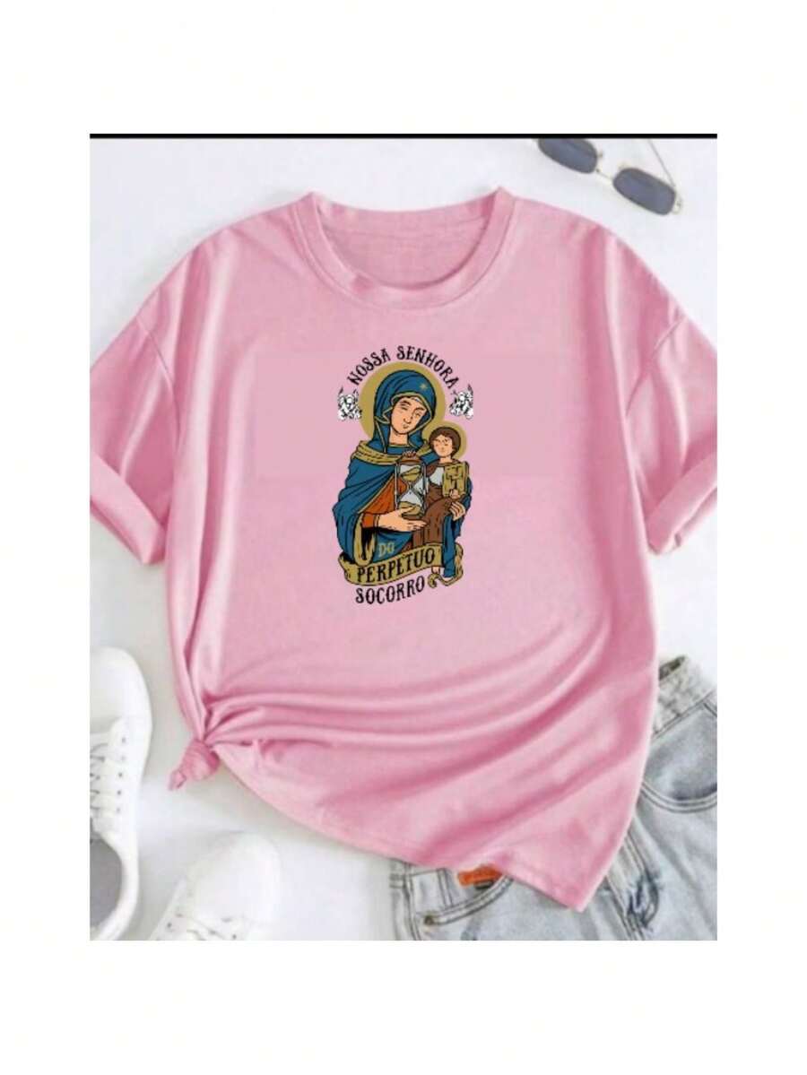 Basic Printed Cotton T-Shirt, Catholic, Our Lady Of Perpetual Help, Religious, Unisex - Rosa Pálido - Ver 1