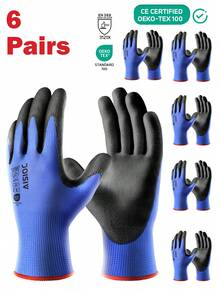 6双超薄PU涂层工作手套 - 防滑抓握，透气针织袖口，防静电，舒适适用于园艺、木工和仓库作业